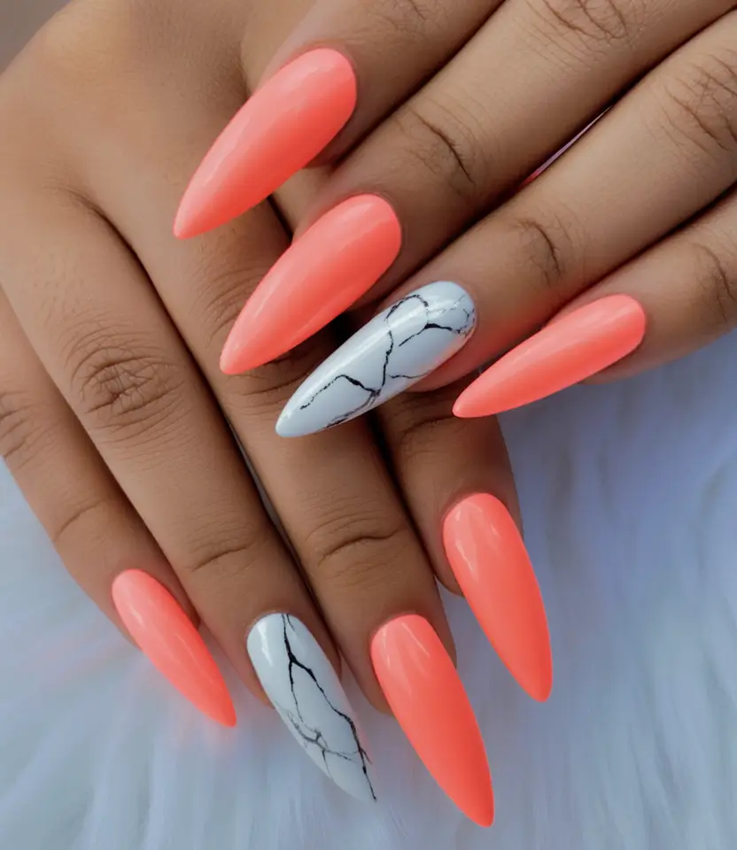 Fall Stiletto Nail Designs 2025 Coral with Marble Accents