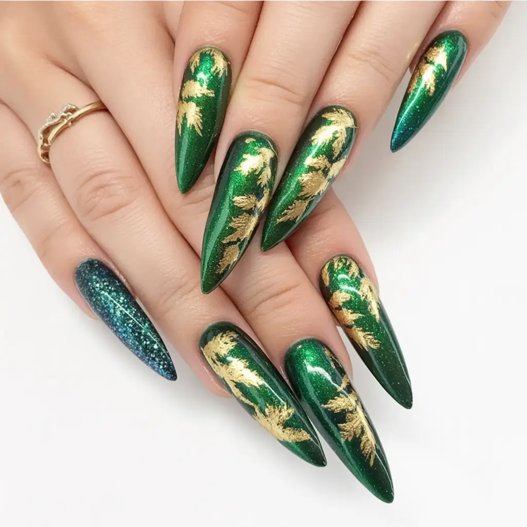 Fall Stiletto Nail Designs 2025 emerald green with golden leaf art