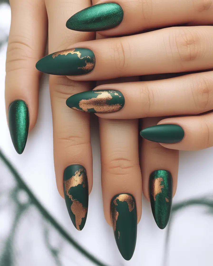Fall Stiletto Nail Designs 2025 matte green with copper touch