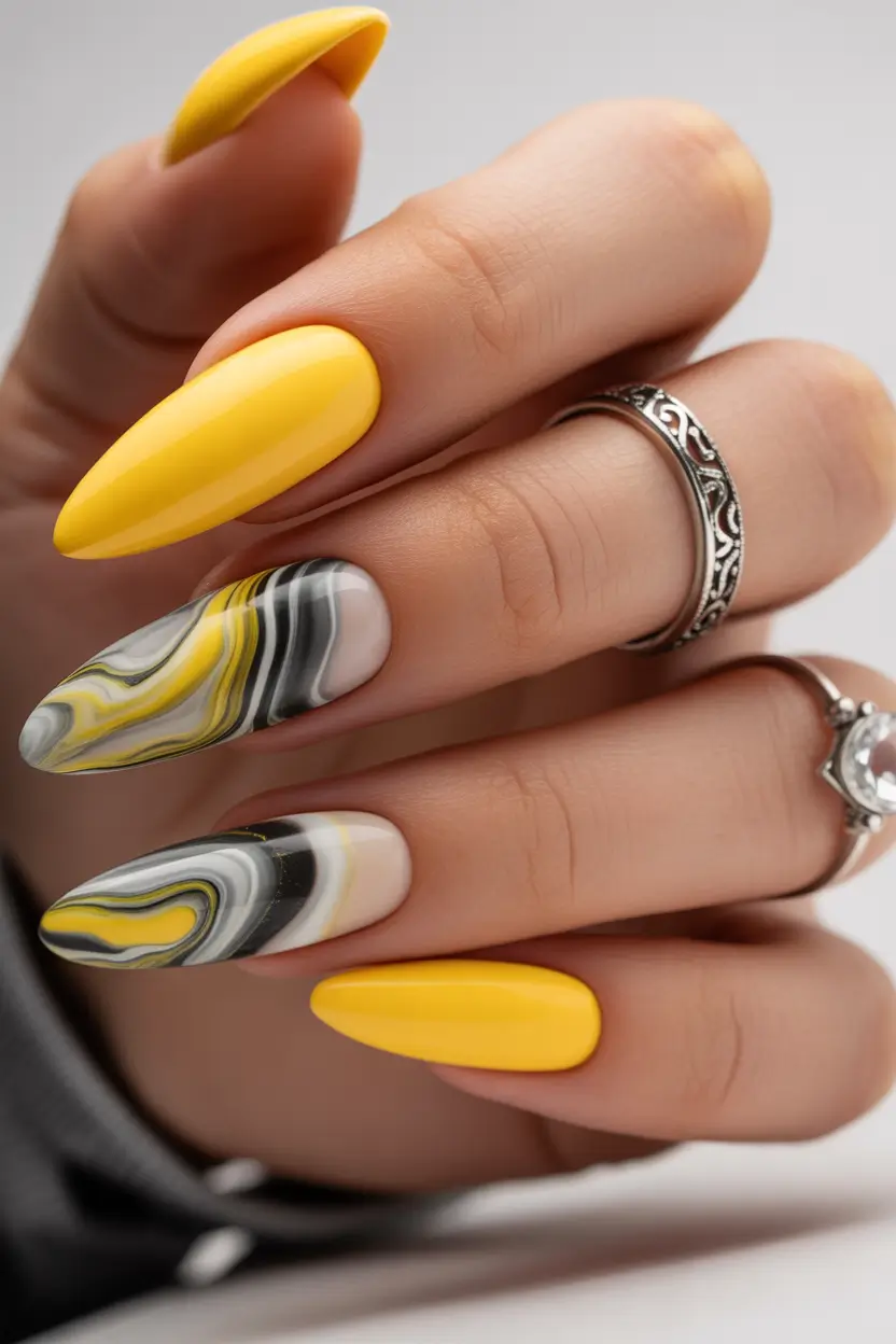 Fall Stiletto Nail Designs 2025 yellow and marble contrast