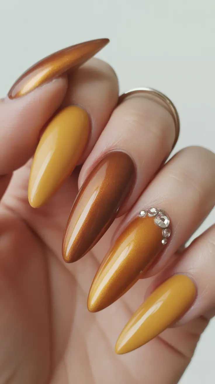 Fall Stiletto Nail Designs 2025 golden caramel and mustard harmony