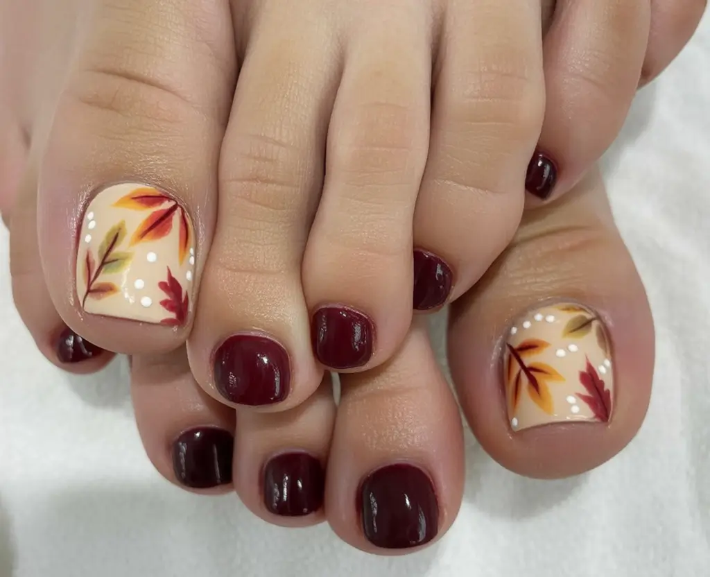 Fall Toe Nail designs Ideas 2025 Autumn Burgundy and Leafy Whispers