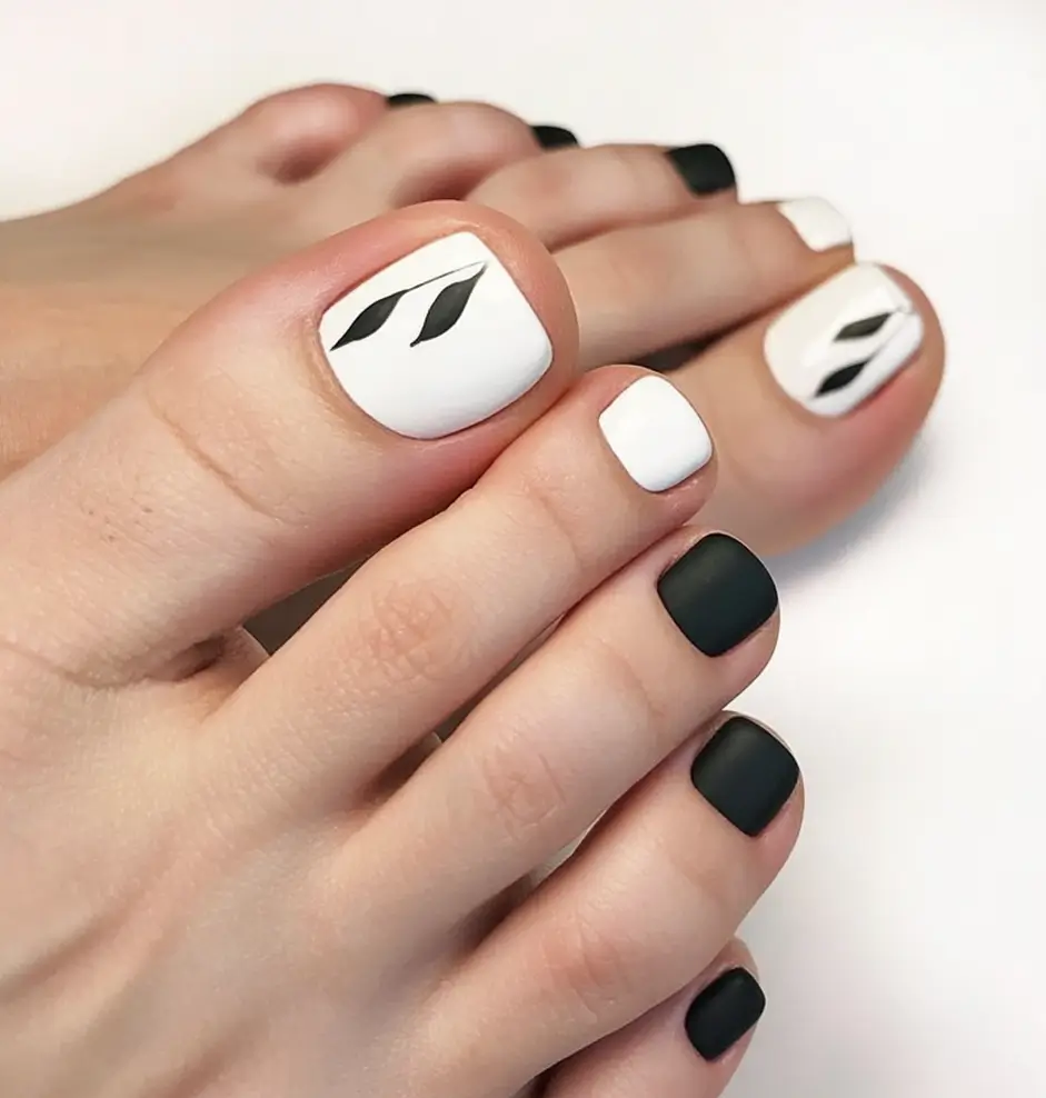 Fall Toe Nail designs Ideas 2025 Minimalist Contrast in Matte Black and White