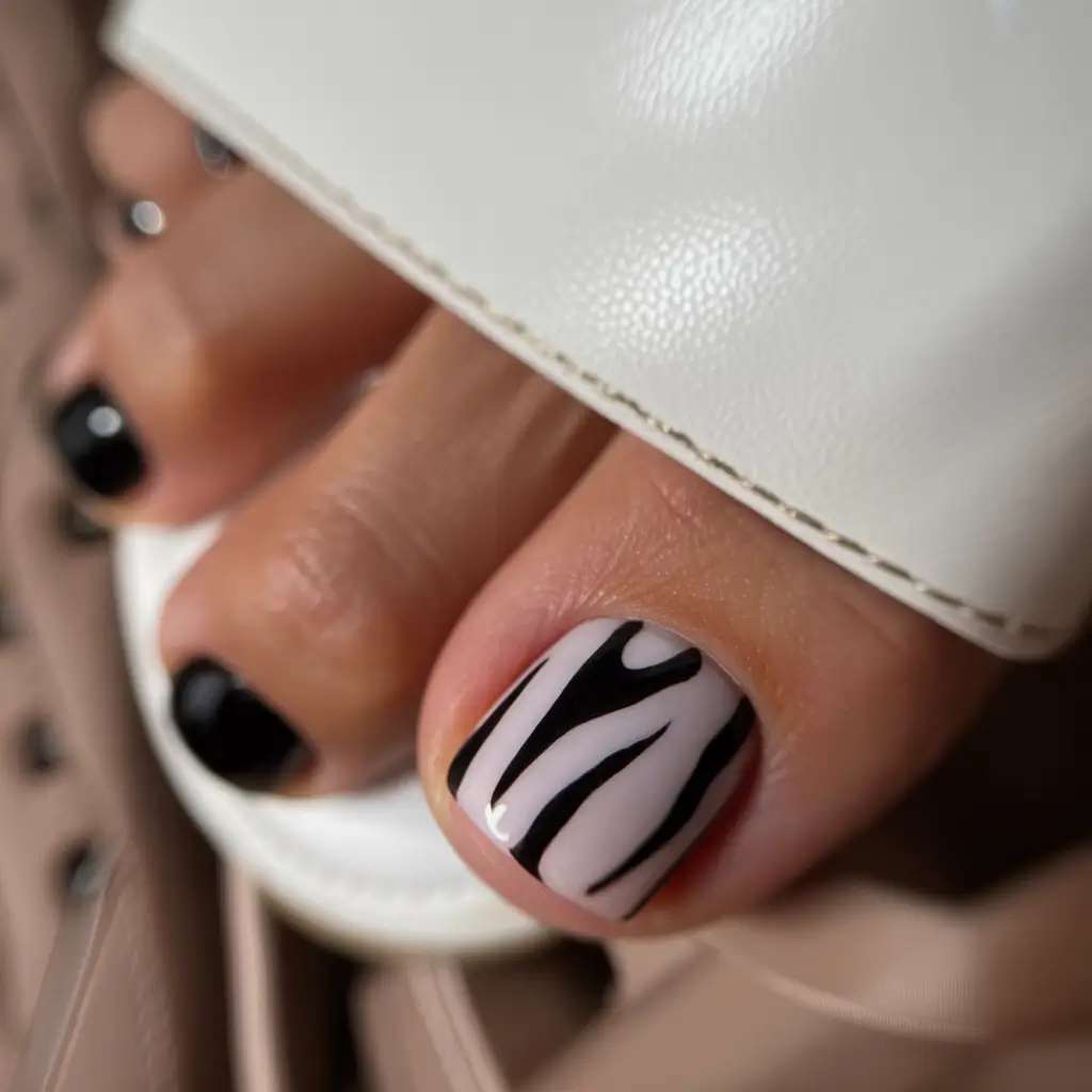 Fall Toe Nail designs Ideas 2025 Monochrome Zebra Whispers