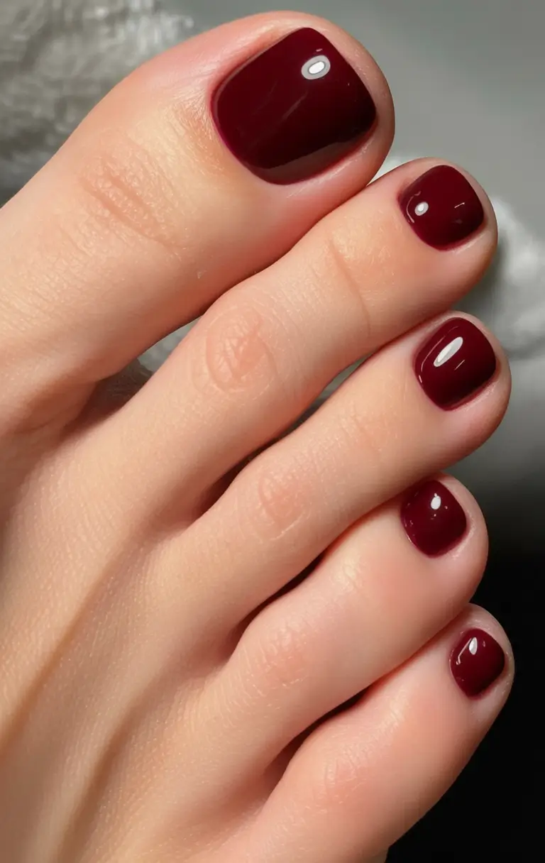 Fall Toe Nail designs Ideas 2025 Deep Cherry Gloss