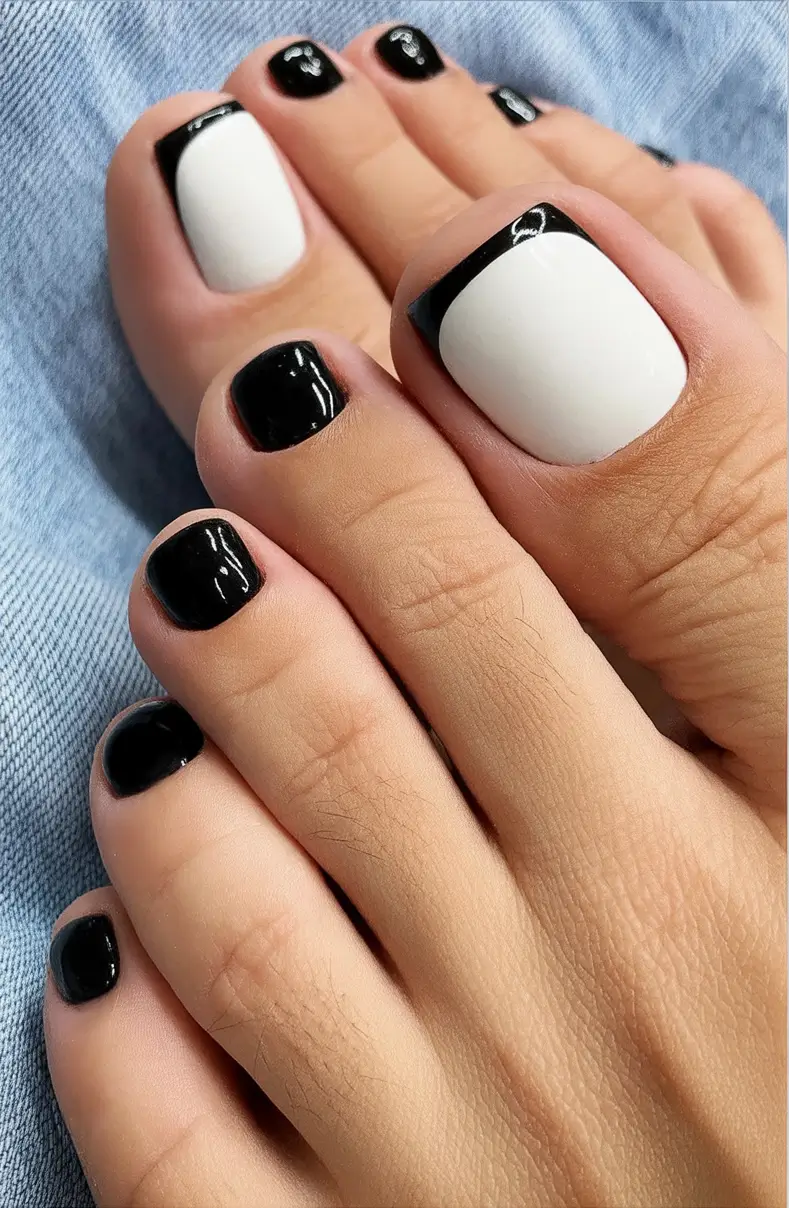Fall Toe Nail designs Ideas 2025 Monochrome Edge with Modern Contrast