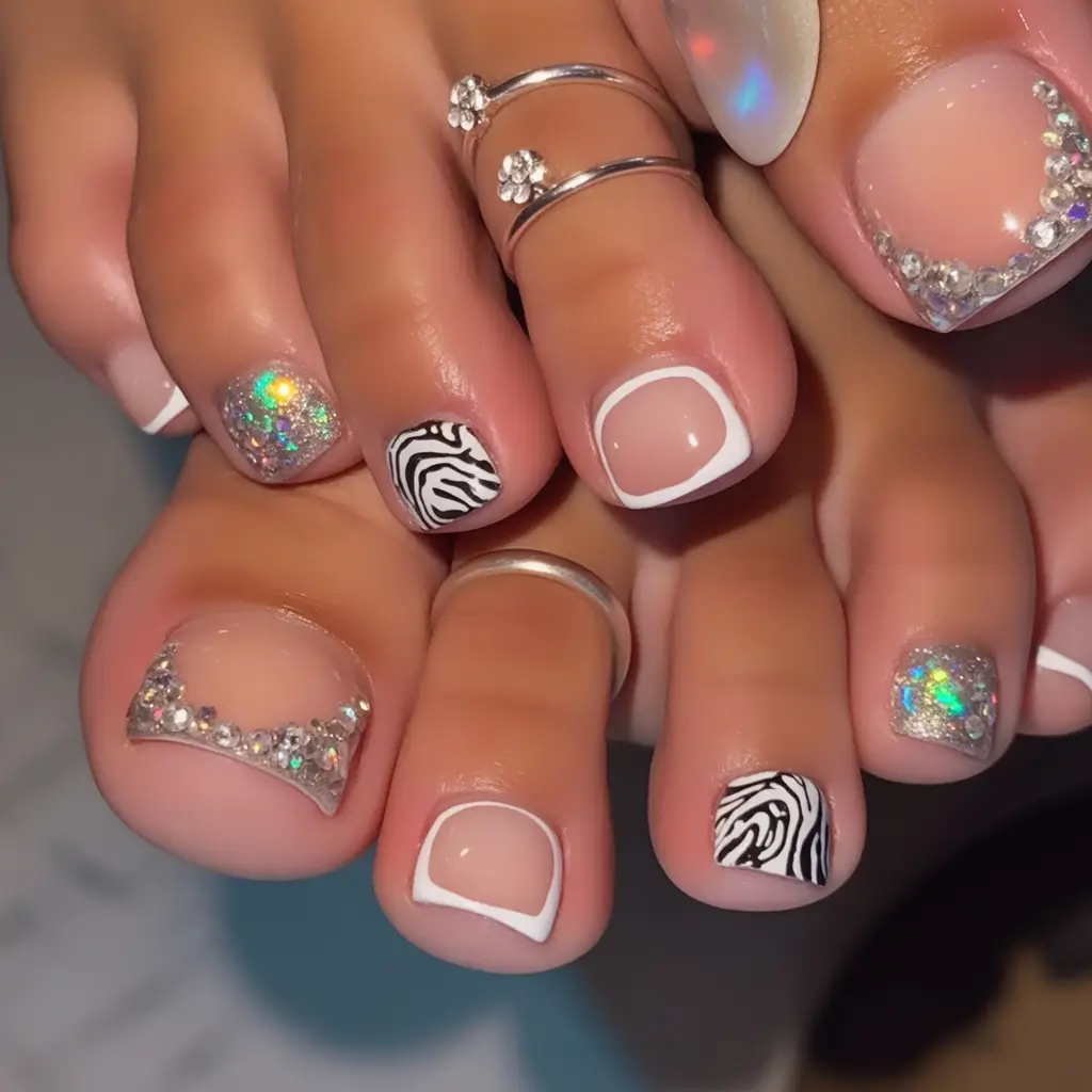 Fall Toe Nail designs Ideas 2025 Crystal Spark and Zebra Pop