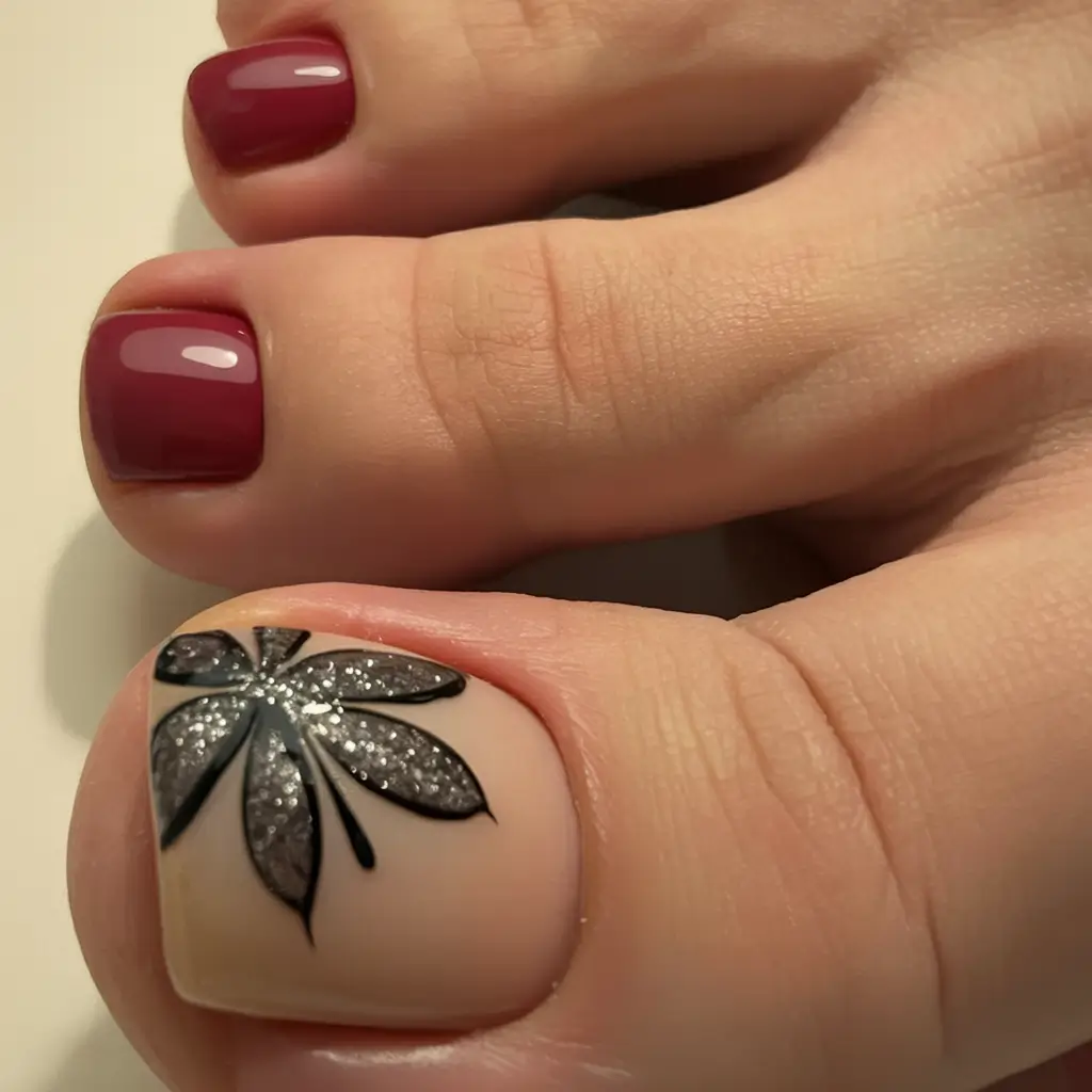 Fall Toe Nail designs Ideas 2025 Crimson and Crystal Leaf Accent