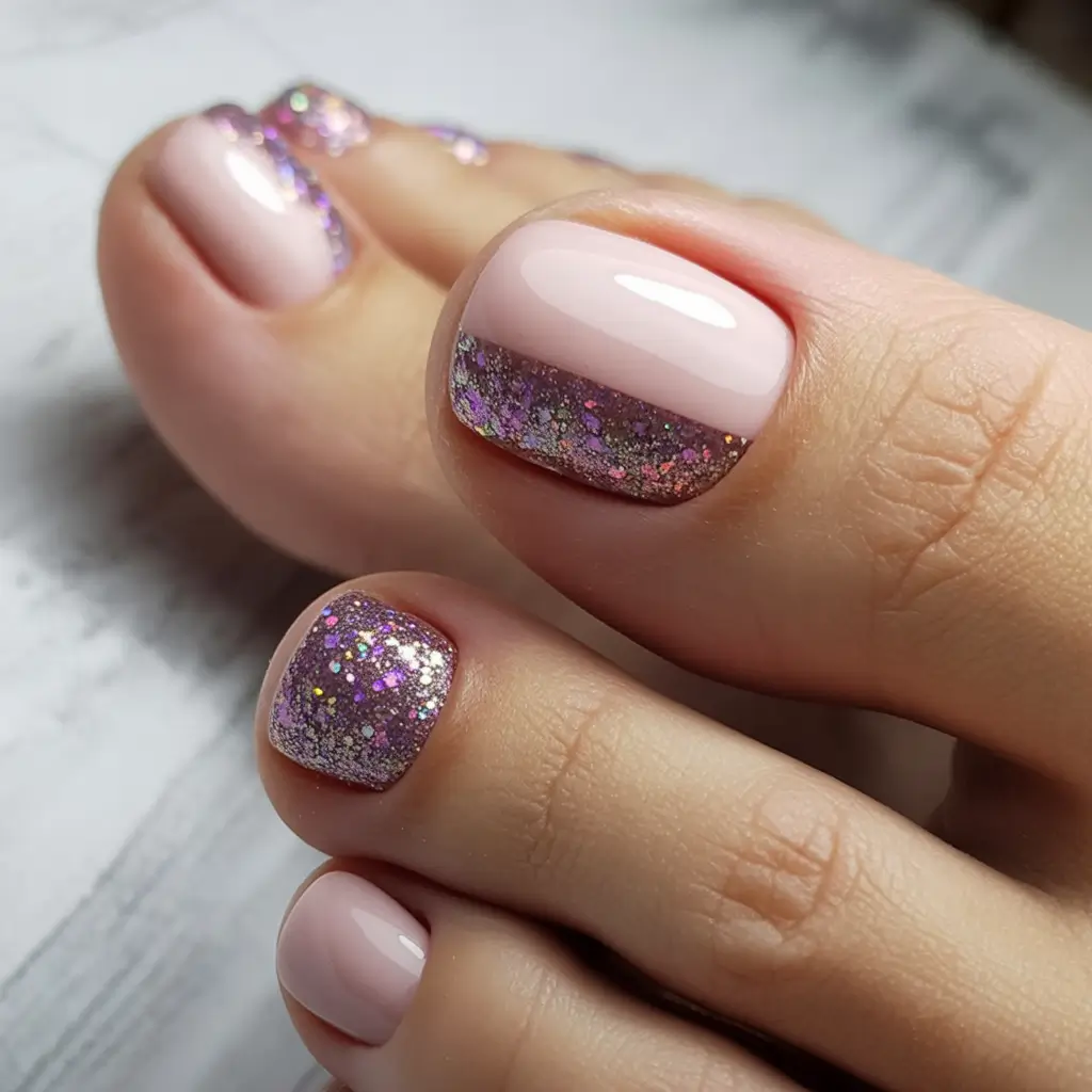 Fall Toe Nail designs Ideas 2025 Rose Glitter Fade on Soft Blush