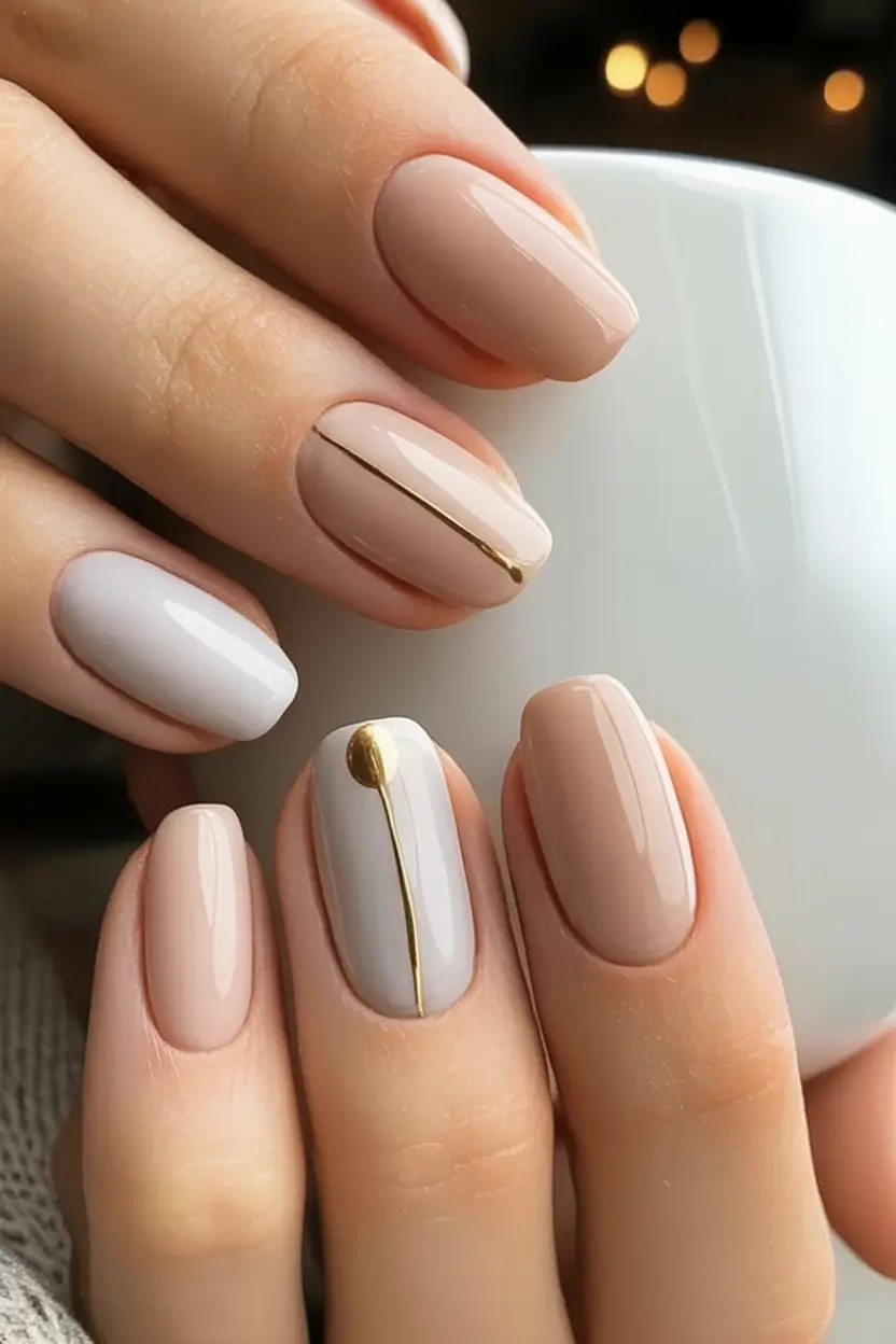 fall wedding nails 2025 Glossy Neutrals with a Touch of Gold