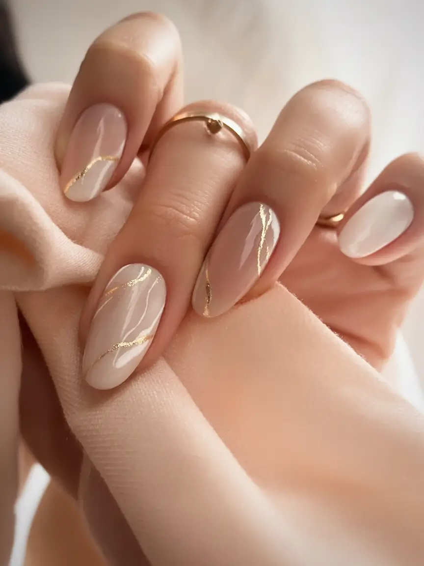 fall wedding nails 2025 Soft Swirls and Golden Whispers