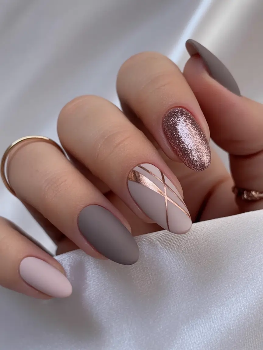 fall wedding nails 2025 Matte Mocha Meets Rose Gold Art