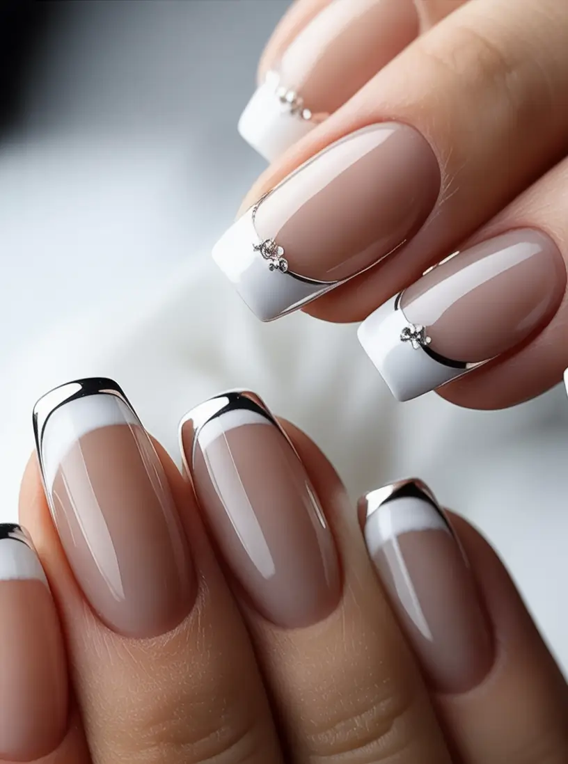 fall wedding nails 2025 Metallic French with Delicate Crystal Chains
