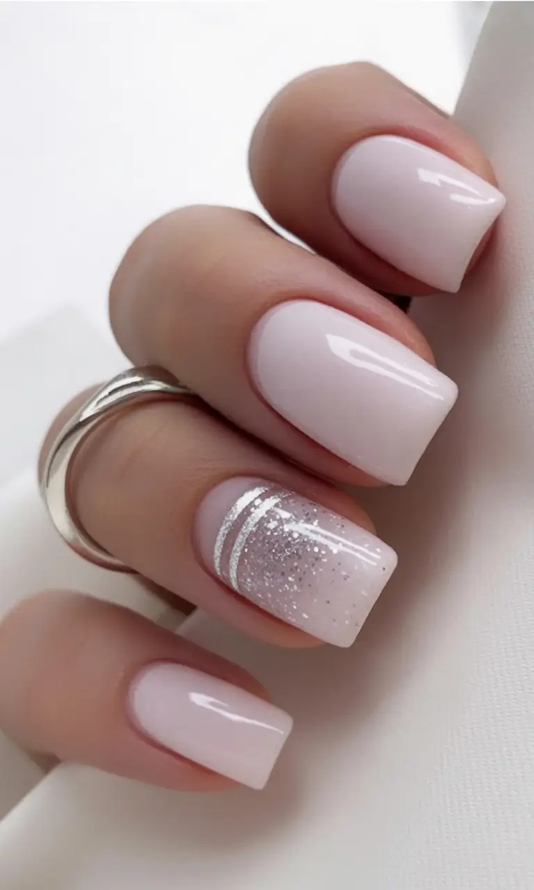 fall wedding nails 2025 Short Almond Sparkle with Silver Lines