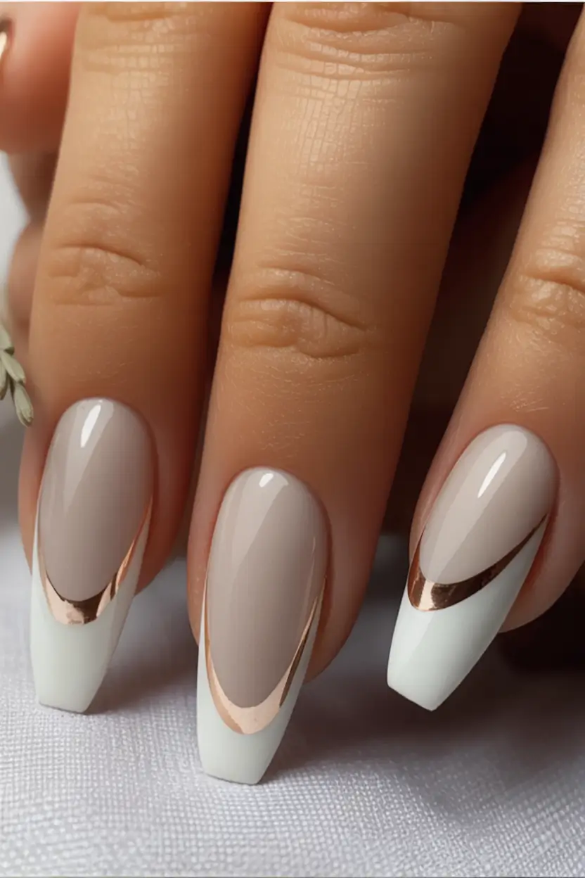 fall wedding nails 2025 Pointed White & Gold Bridal Arches