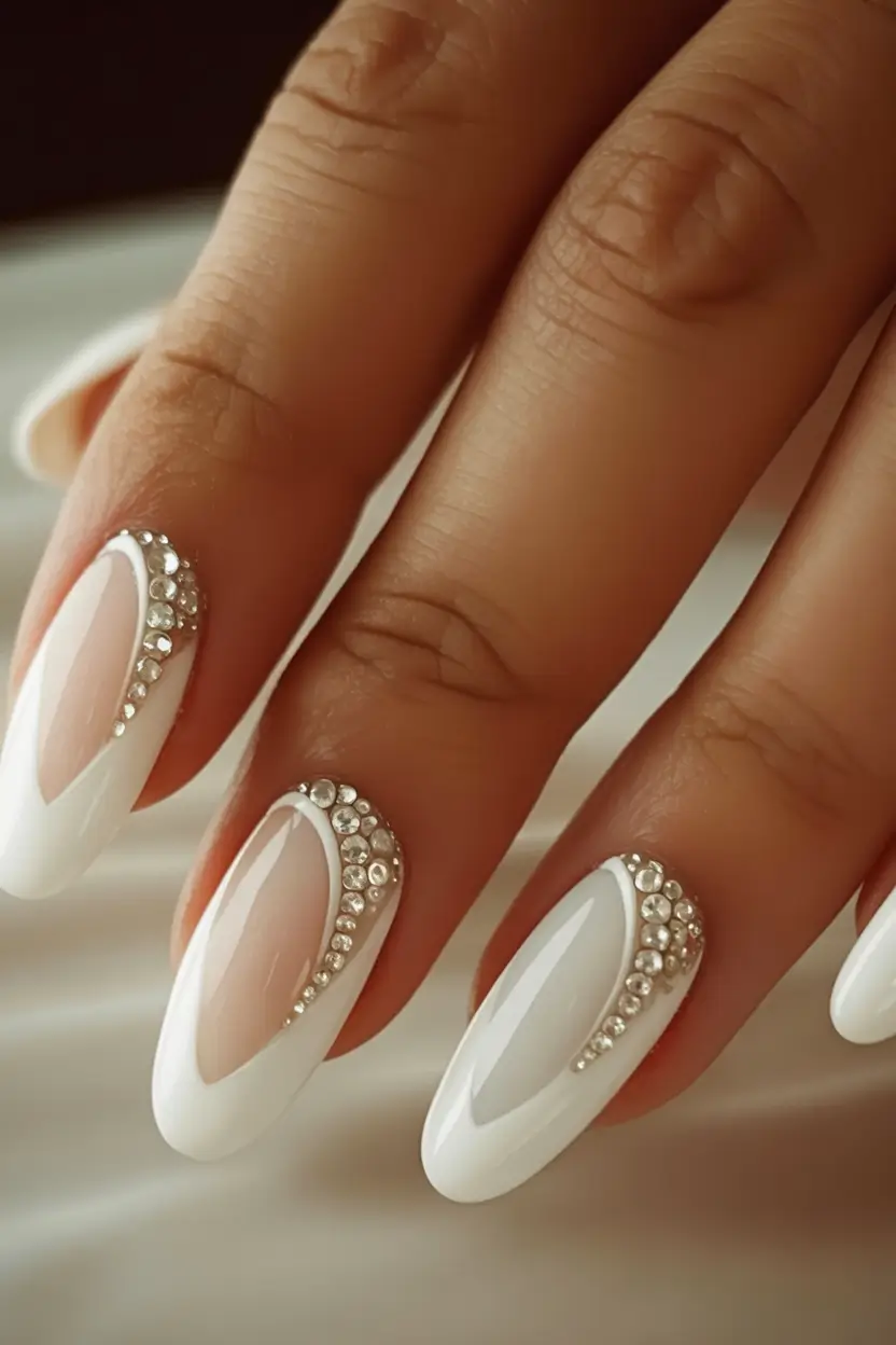 fall wedding nails 2025 White Chrome Cuticle Crystals