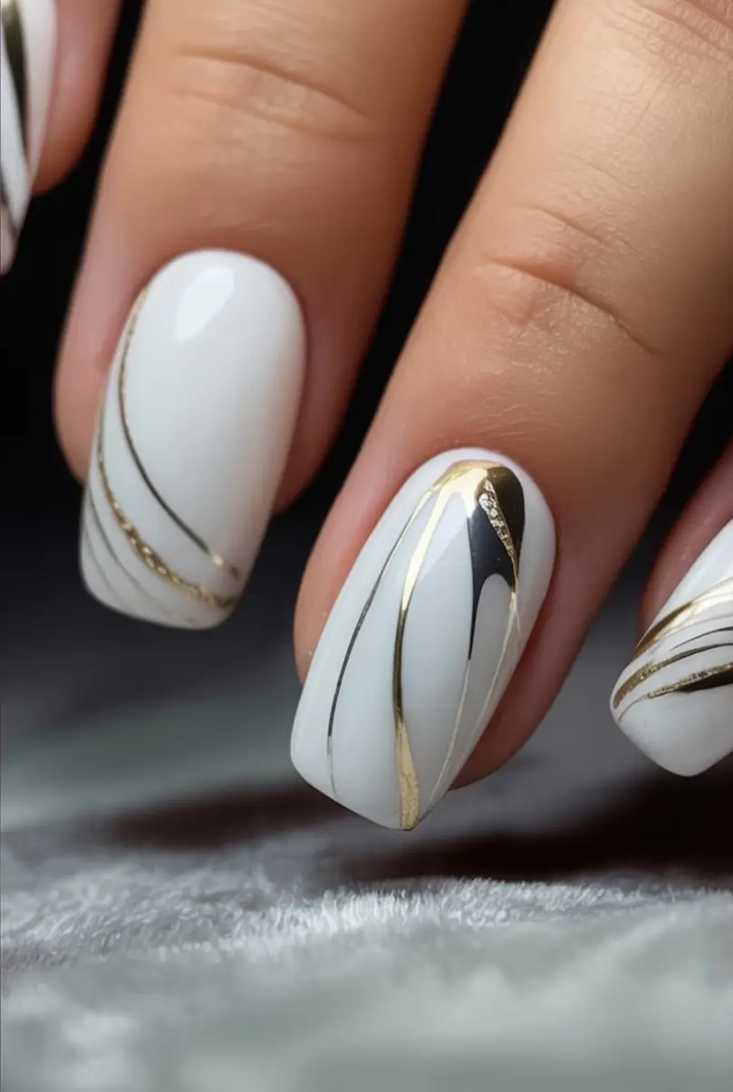 fall wedding nails 2025 Abstract Swirls in White and Gold