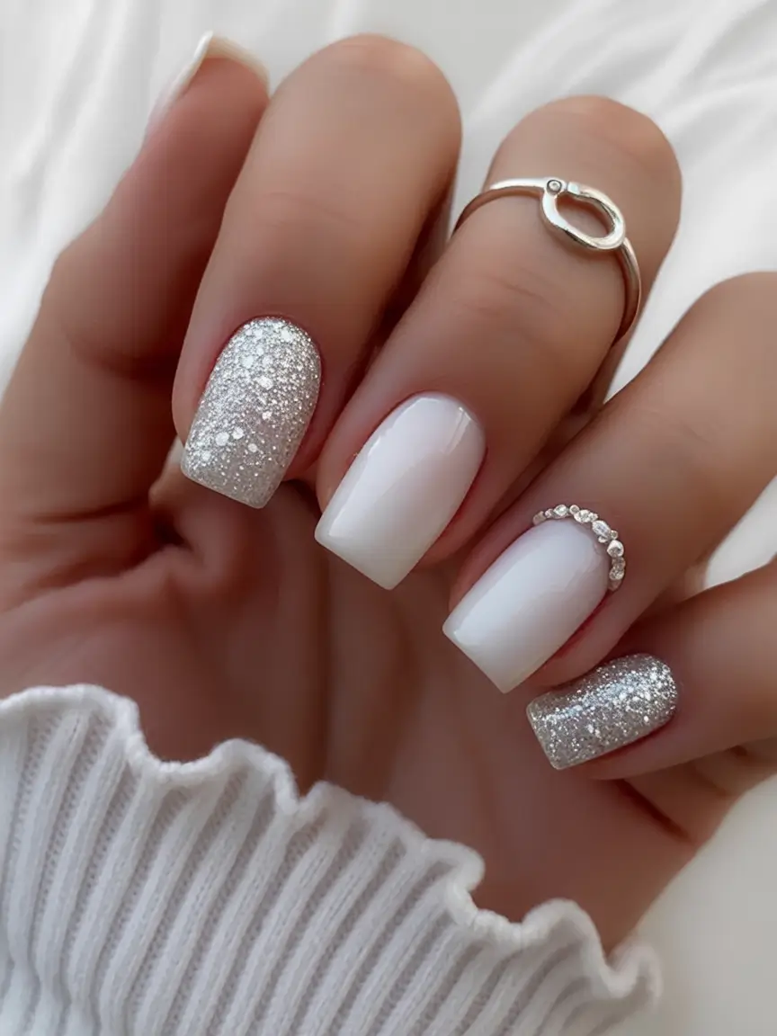 fall wedding nails 2025 Bridal Silver Glitter with Ring Accents