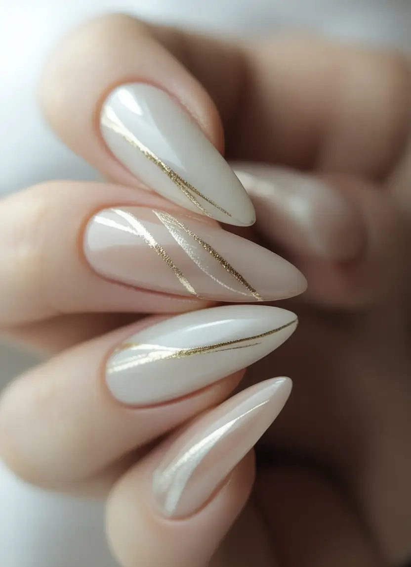fall wedding nails 2025 Minimalist Gold Ribbon on Almond Tips