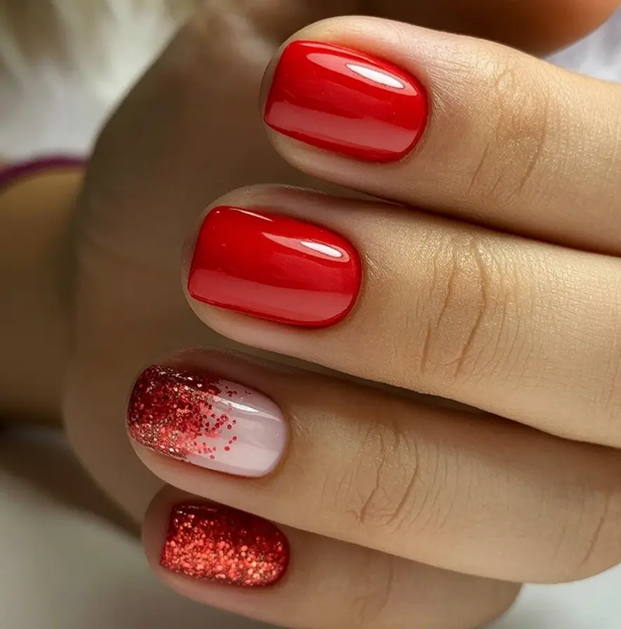 Modern Fall Manicure Ideas 2025 Bold Red Elegance With Glitter Accent