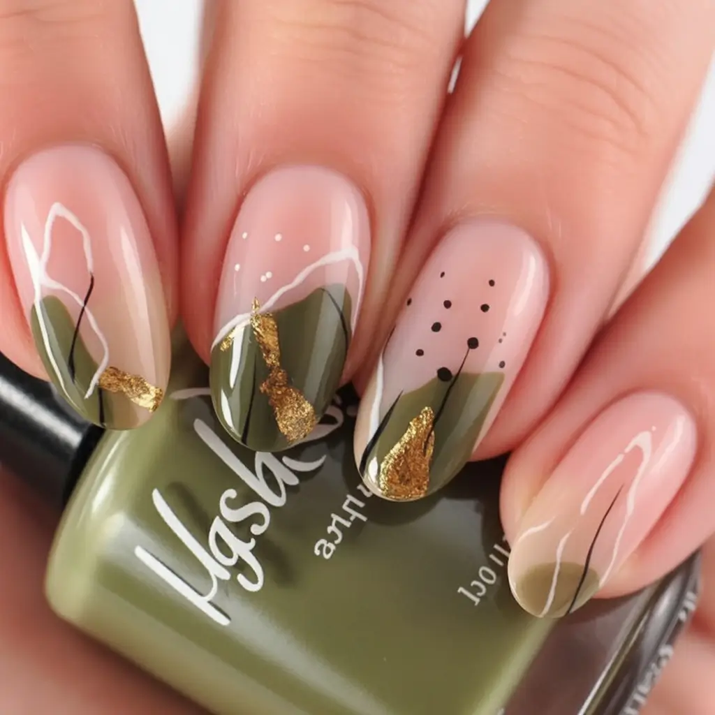 Modern Fall Manicure Ideas 2025 Olive And Gold Abstract