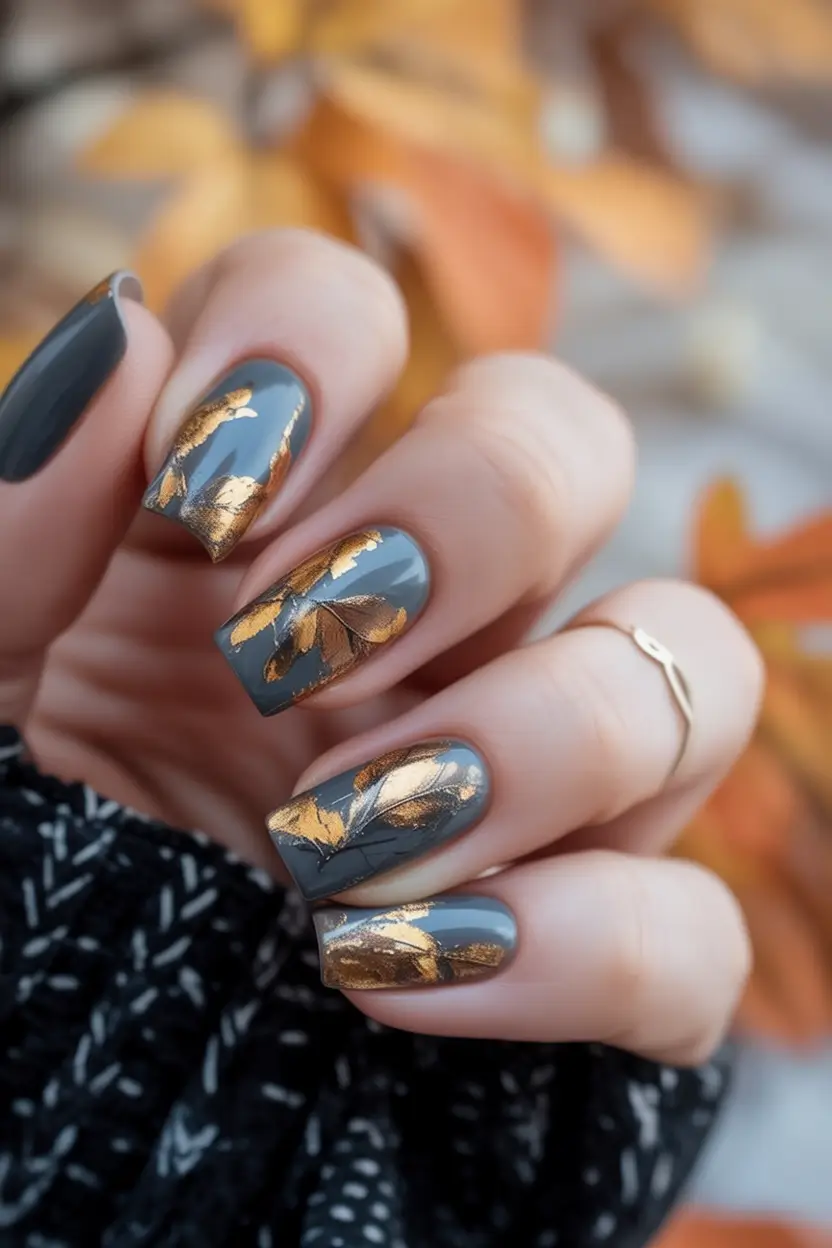 Modern Fall Manicure Ideas 2025 Charcoal Grey With Gold Leaf