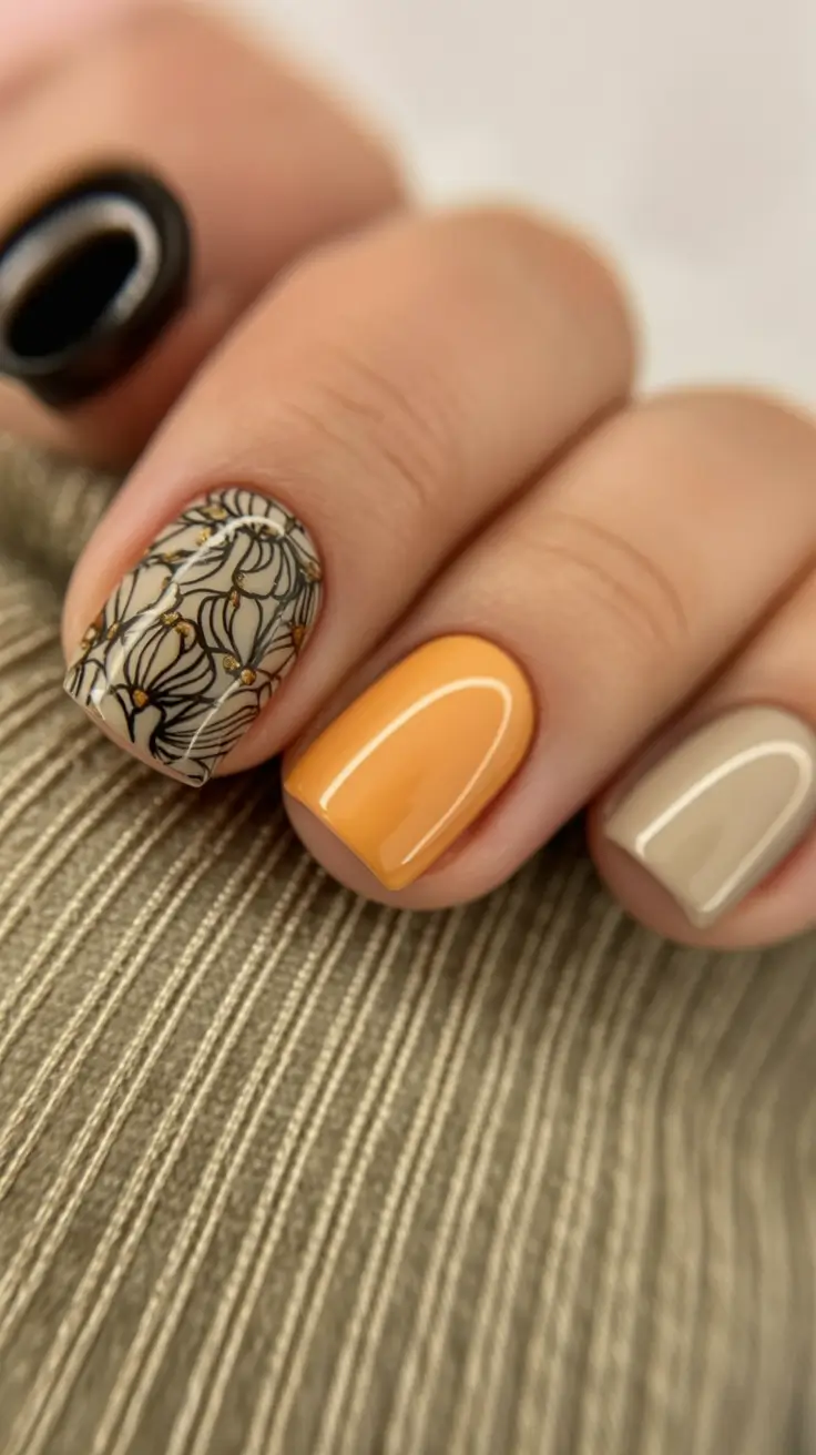 Modern Fall Manicure Ideas 2025 Golden Floral Accent