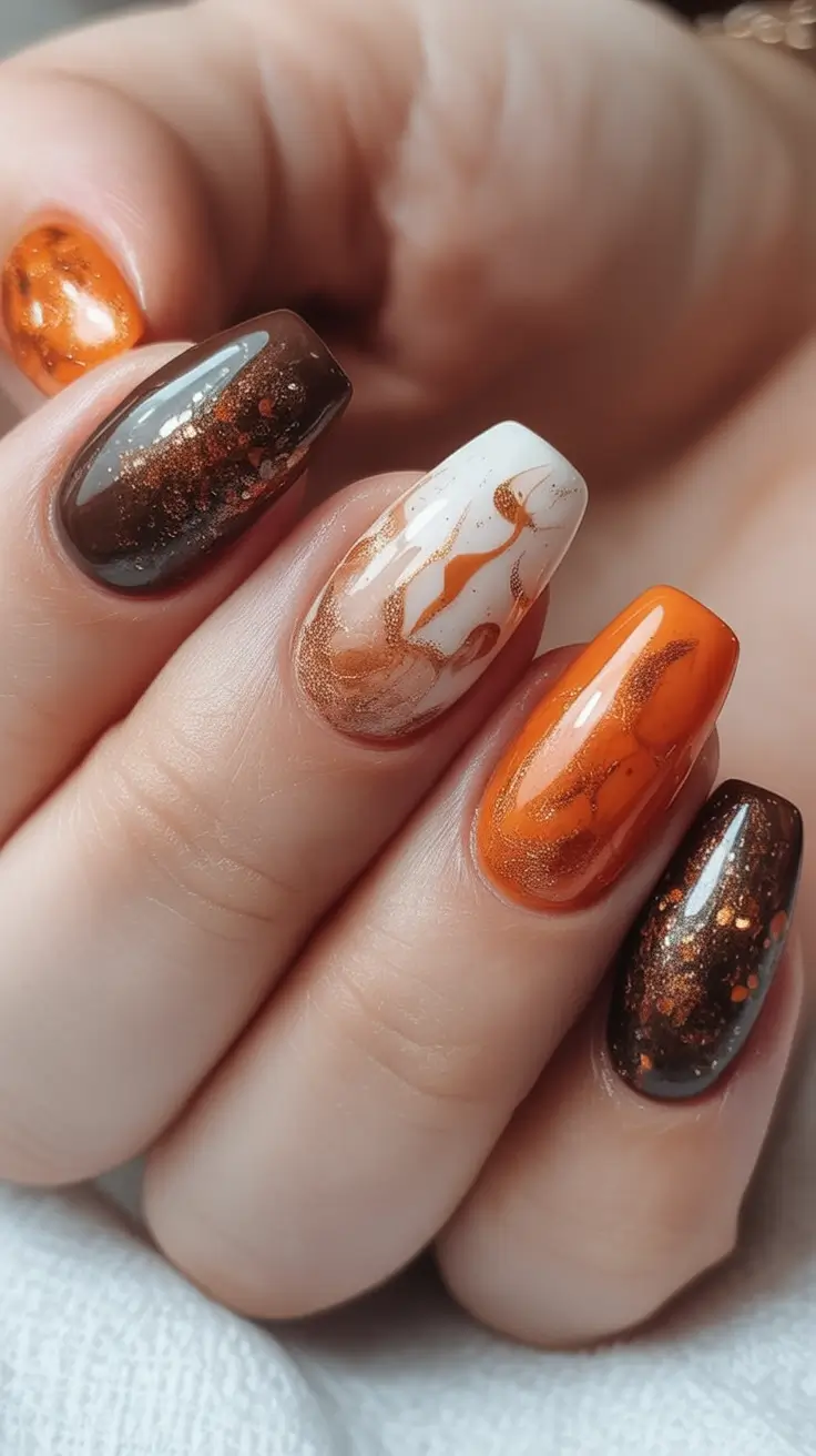 Modern Fall Manicure Ideas 2025 Autumn Marble Elegance in Warm Tones