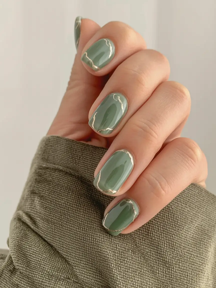 Modern Fall Manicure Ideas 2025 Sage Green With Metallic Outline