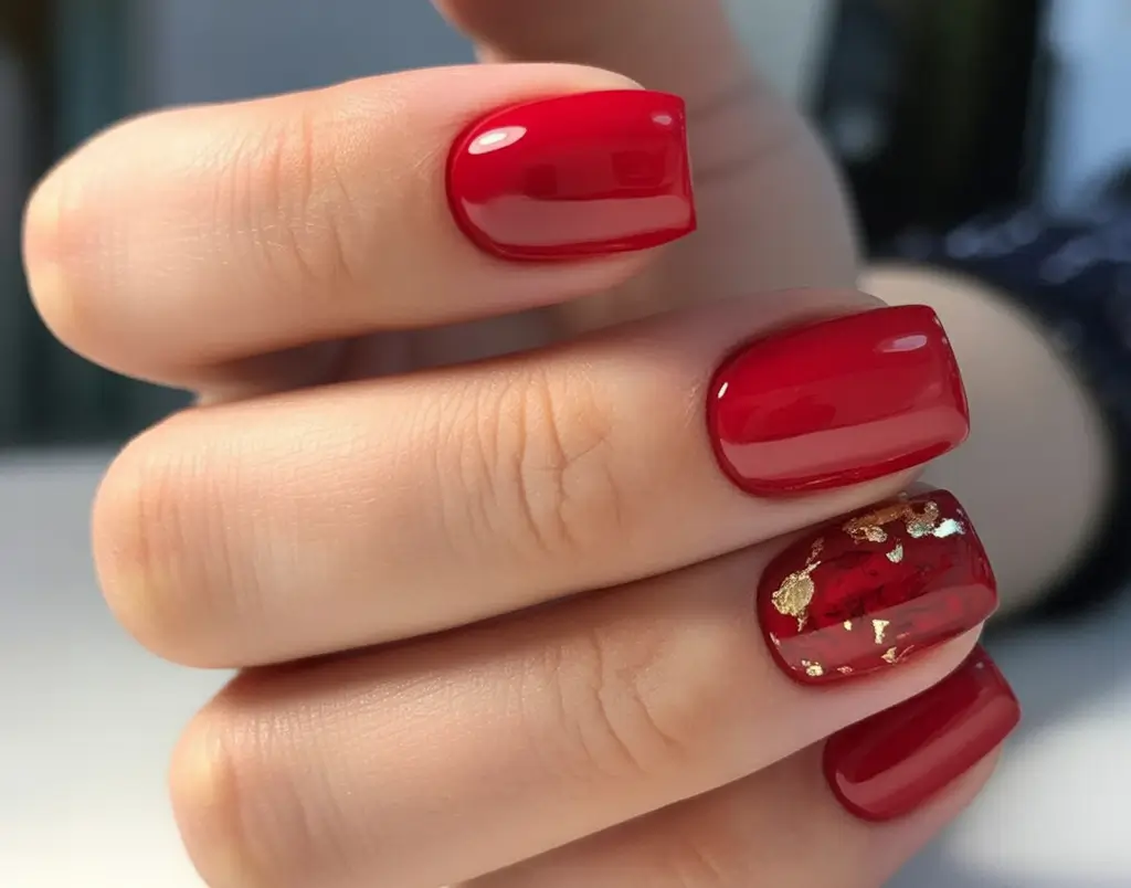 Modern Fall Manicure Ideas 2025 Crimson with Golden Leaf