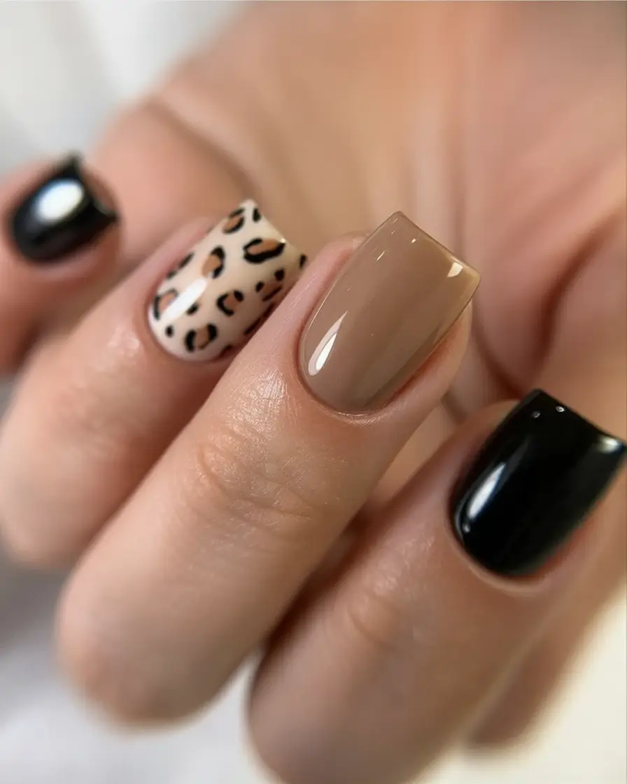 Modern Fall Manicure Ideas 2025 Leopard Accent with Neutral and Black Contrast