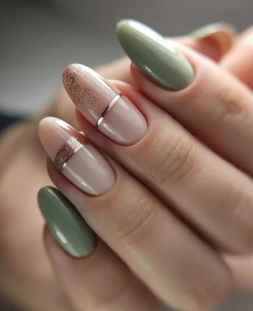 Modern Fall Manicure Ideas 2025 Soft Sage and Metallic Elegance