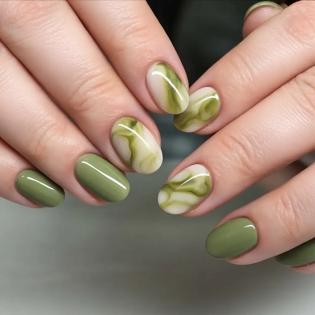 Modern Fall Manicure Ideas 2025 Olive Marble Flow