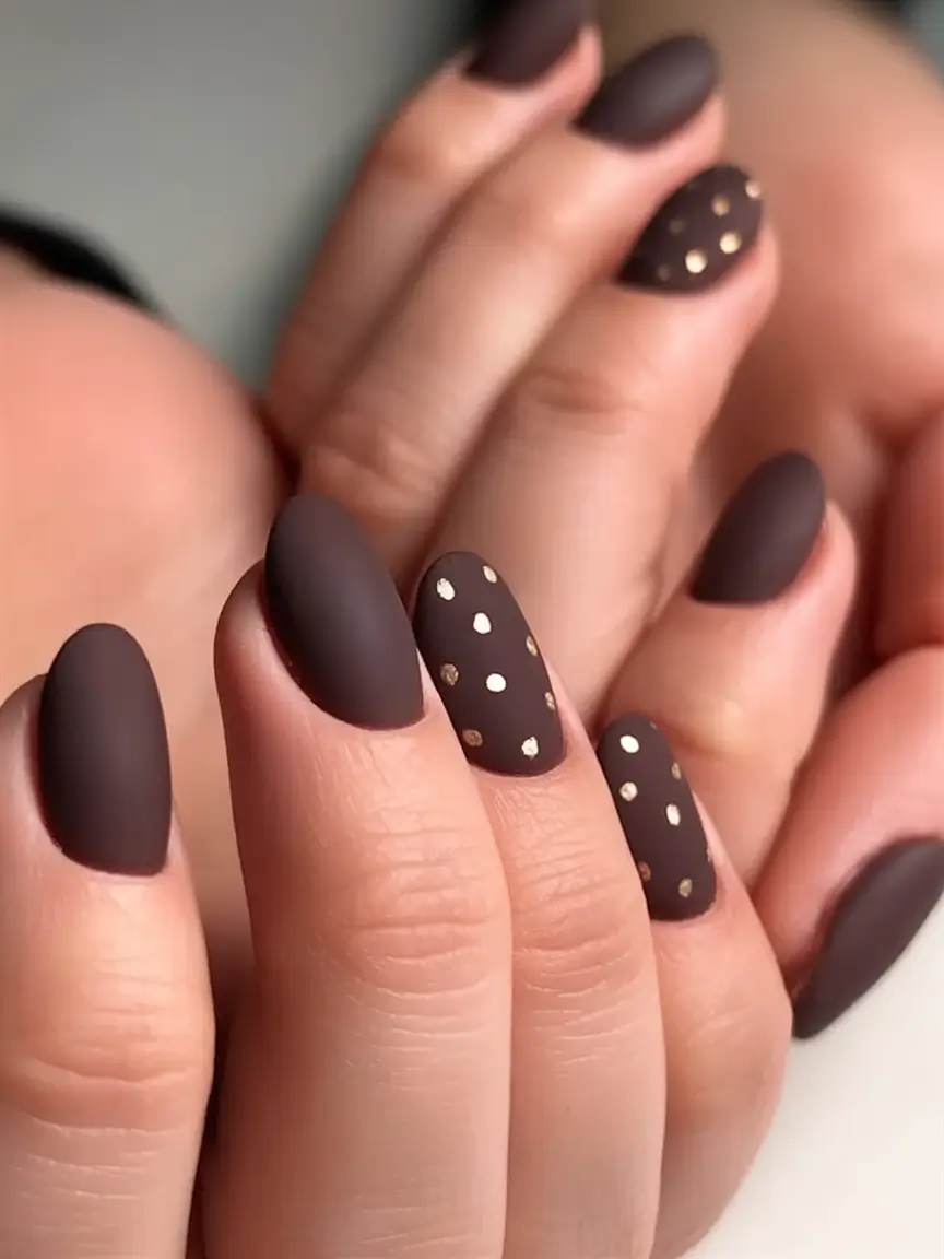 Modern Fall Manicure Ideas 2025 Matte Chocolate With Gold Polka Dots
