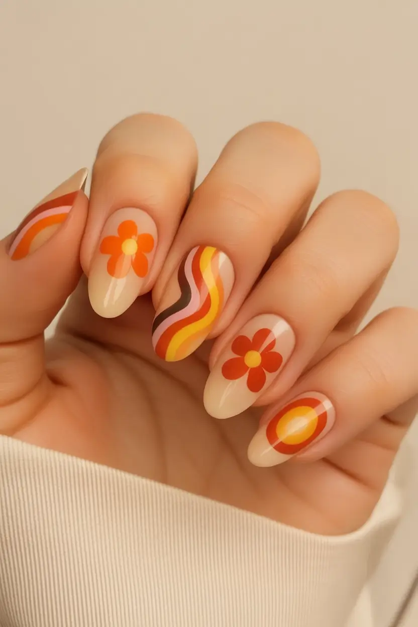 Modern Fall Manicure Ideas 2025 Retro Floral And Waves