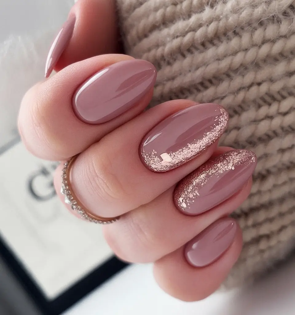 Nail Trends for Fall 2025 Dusty Rose with Gold Foil Tips