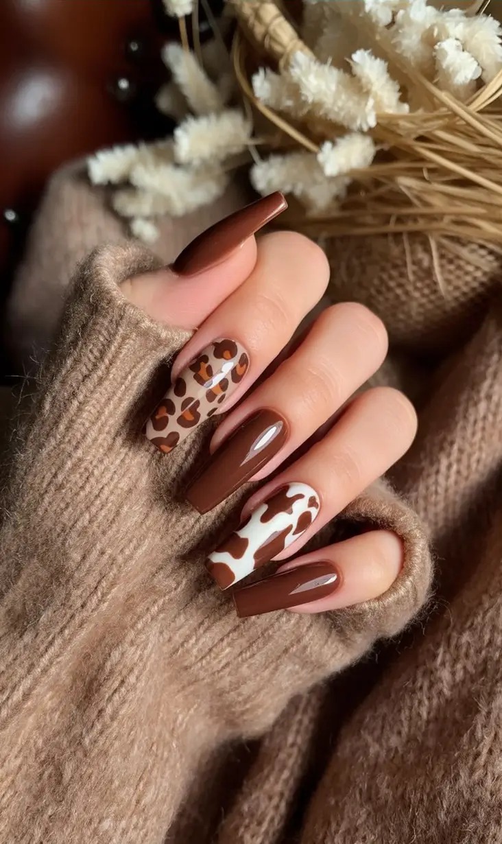 Nail Trends for Fall 2025 Long Brown Mix Leopard & Cow Print