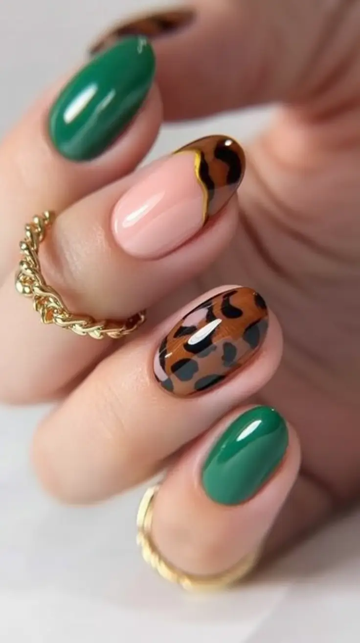 Nail Trends for Fall 2025 Emerald Green & Leopard Accent French