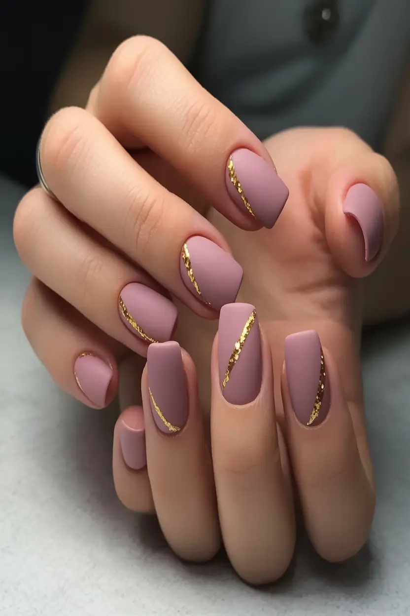 Nail Trends for Fall 2025 Matte Mauve with Golden Sweep