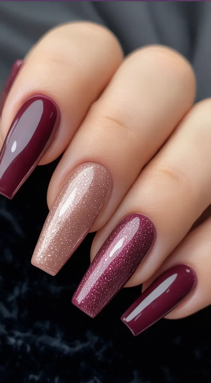 Nail Trends for Fall 2025 Wine and Rose Gold Sparkle