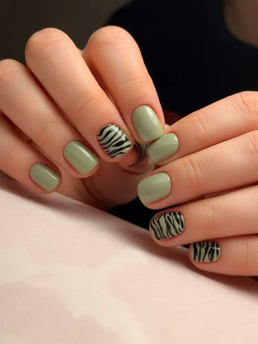 Nail Trends for Fall 2025 Minimalist Olive with Zebra Print Accent