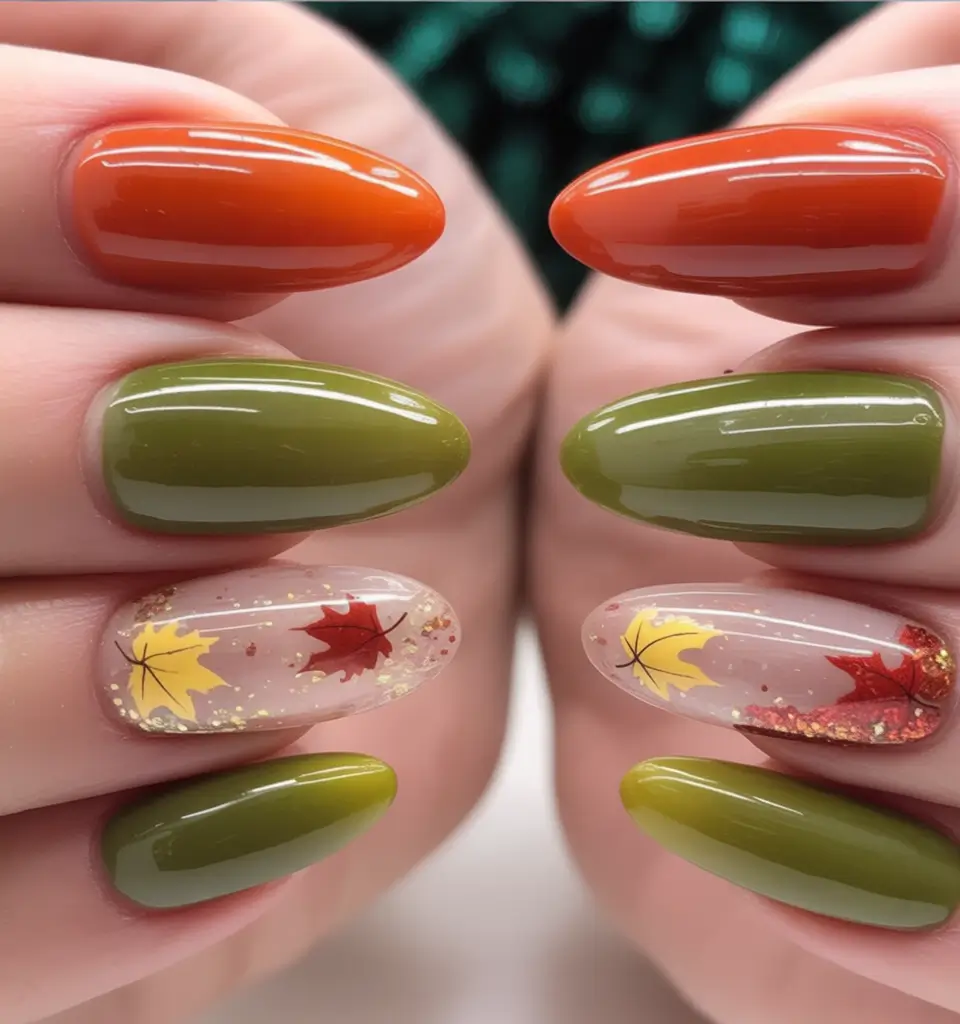 Nail Trends for Fall 2025 Autumn Leaves in Green and Rust