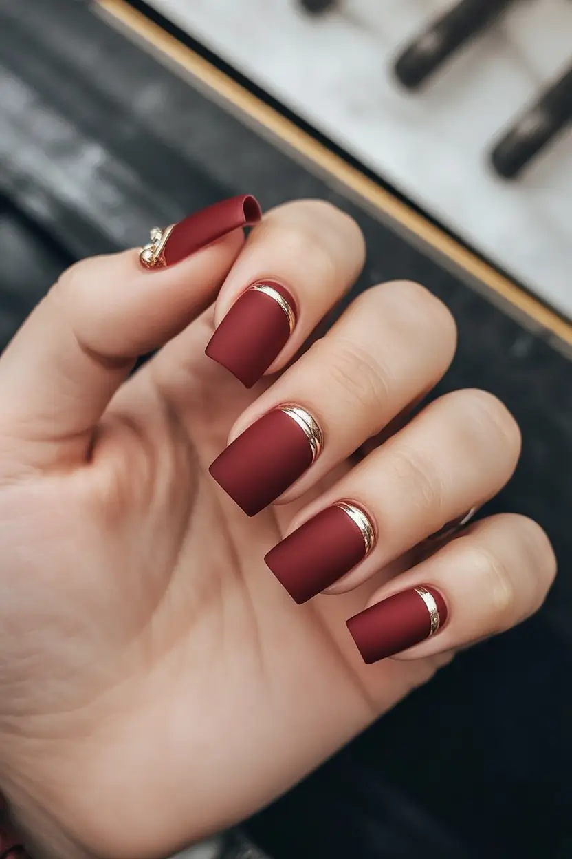 Nail Trends for Fall 2025 Matte Wine Red with Gold Cuticle Lines