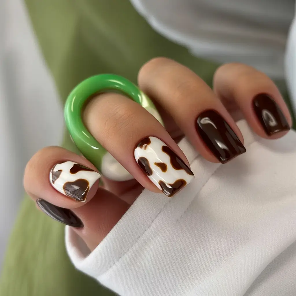 Nail Trends for Fall 2025 Chocolate Brown & Cow Print Combo