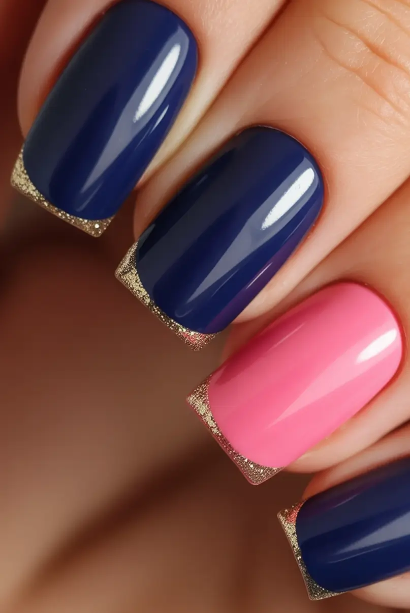 Navy Blue Fall 2025 Nail Ideas Golden Tipped French Twist
