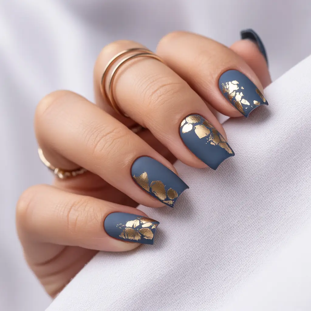 Navy Blue Fall 2025 Nail Ideas Matte Navy with Golden Foil Touch