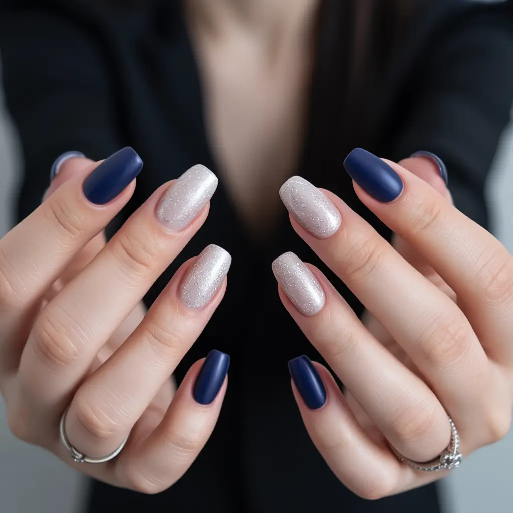 Navy Blue Fall 2025 Nail Ideas Navy and Silver Sparkle Combo