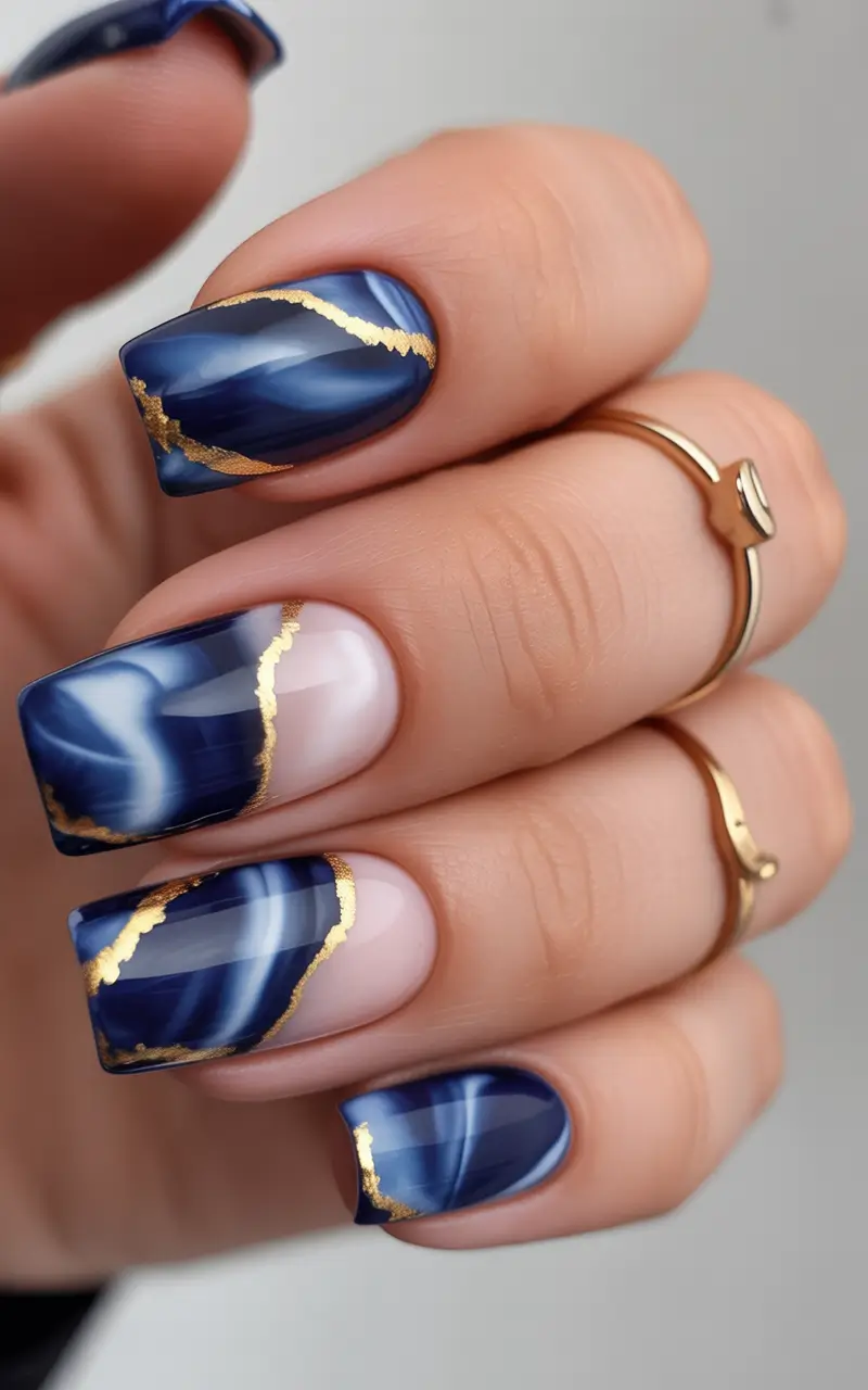 Navy Blue Fall 2025 Nail Ideas Marble Navy with Gold Veins
