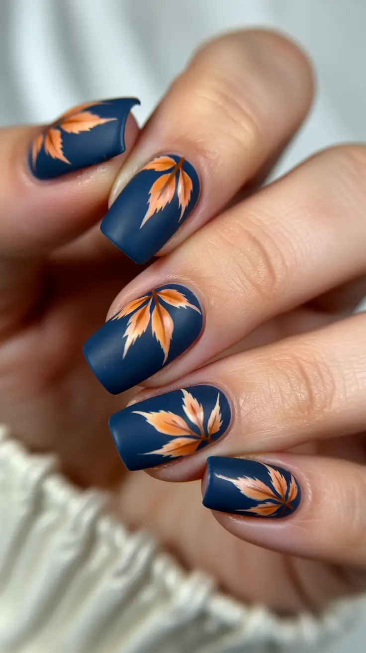Navy Blue Fall 2025 Nail Ideas Matte Navy with Autumn Leaves