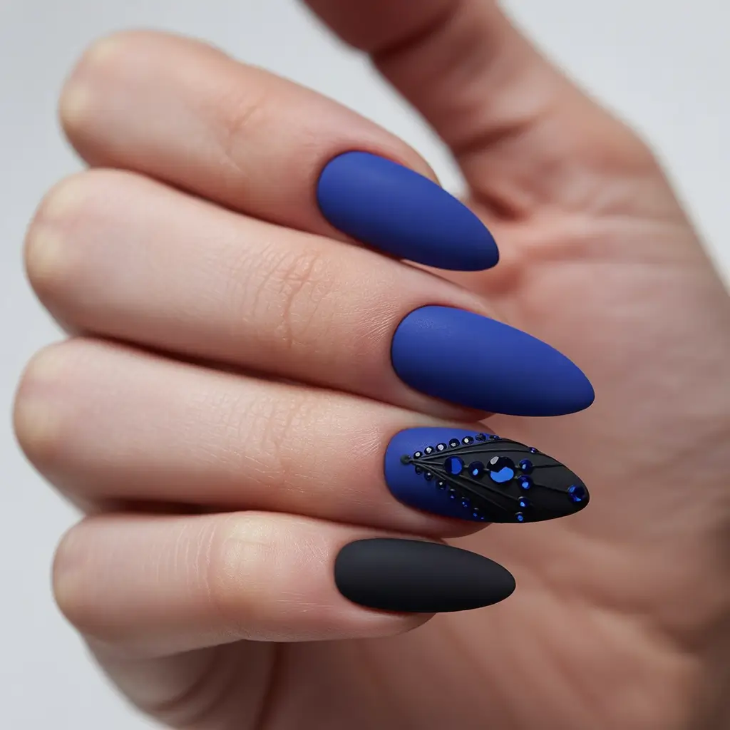 Matte Midnight with Jewel Detail navy blue fall 2025 nail ideas